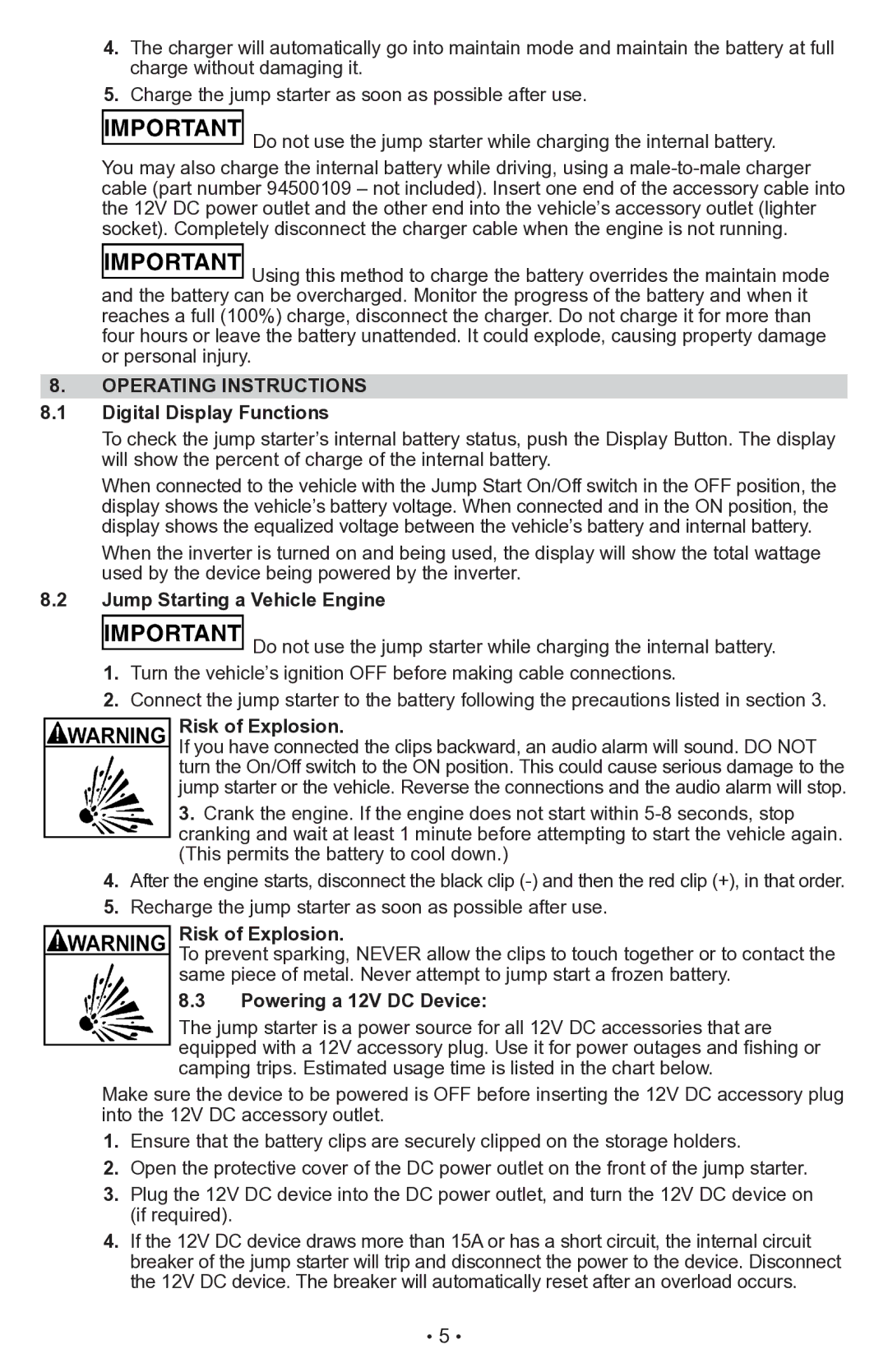 Sears 28.71988 Operating Instructions, Digital Display Functions, Jump Starting a Vehicle Engine, Risk of Explosion 