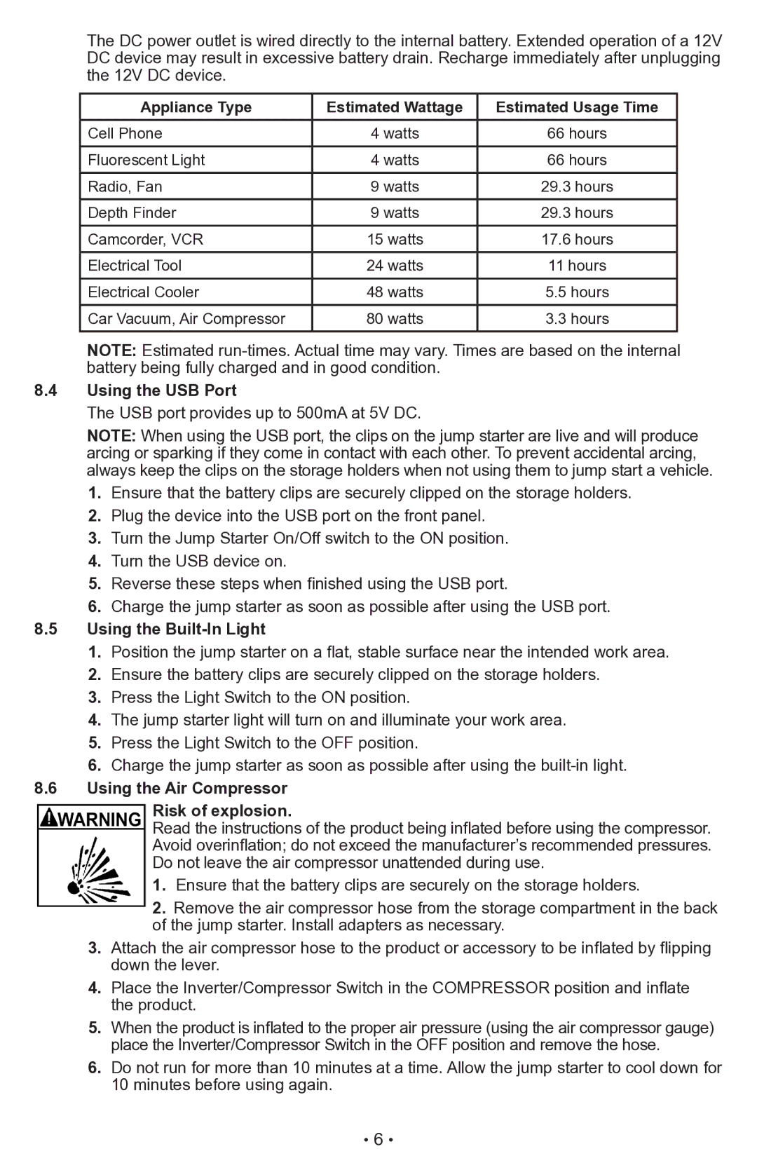 Sears 28.71988 Appliance Type Estimated Wattage Estimated Usage Time, Using the USB Port, Using the Built-In Light 