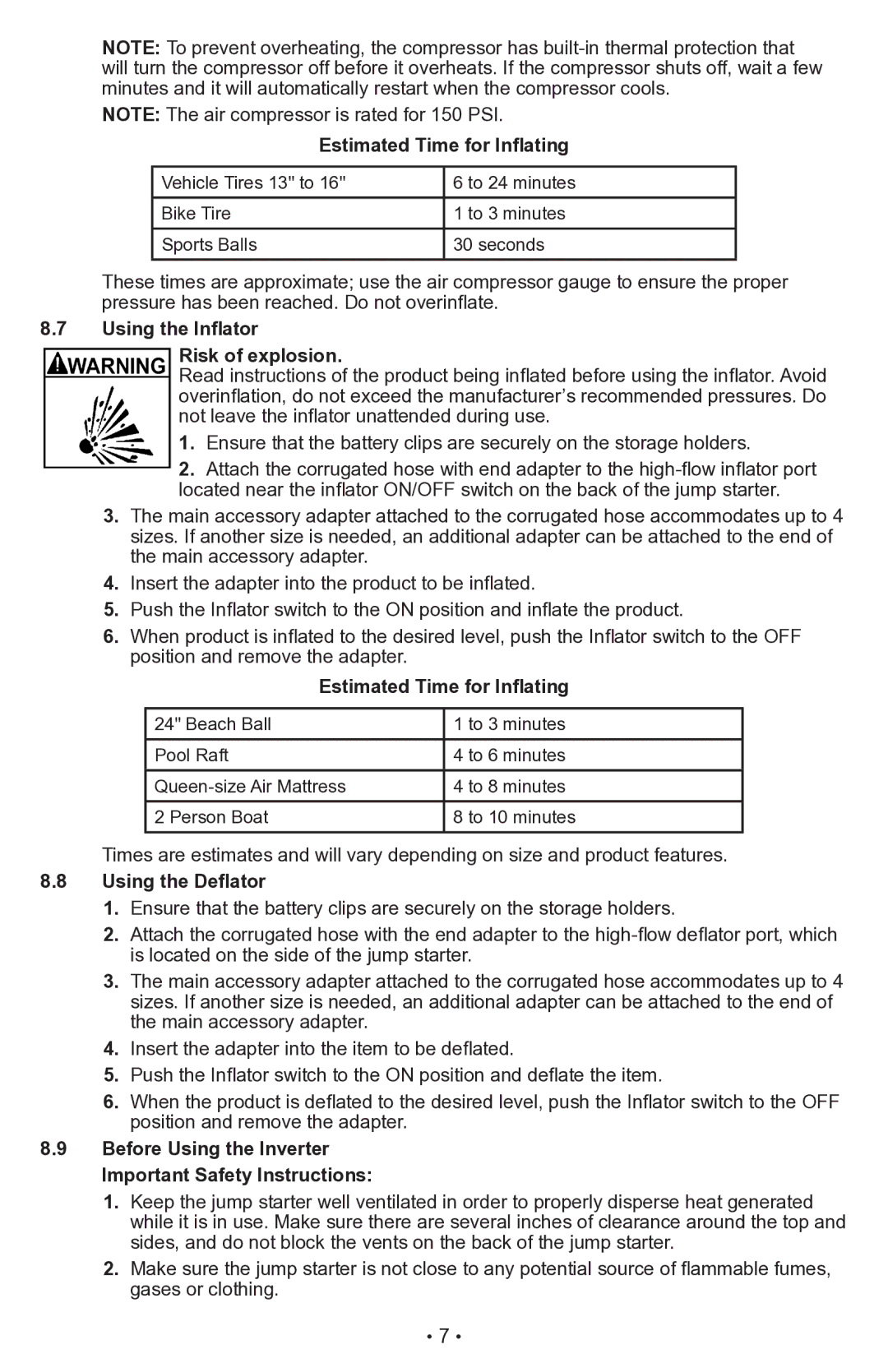 Sears 28.71988 Estimated Time for Inflating, Using the Inflator Risk of explosion, Using the Deflator 