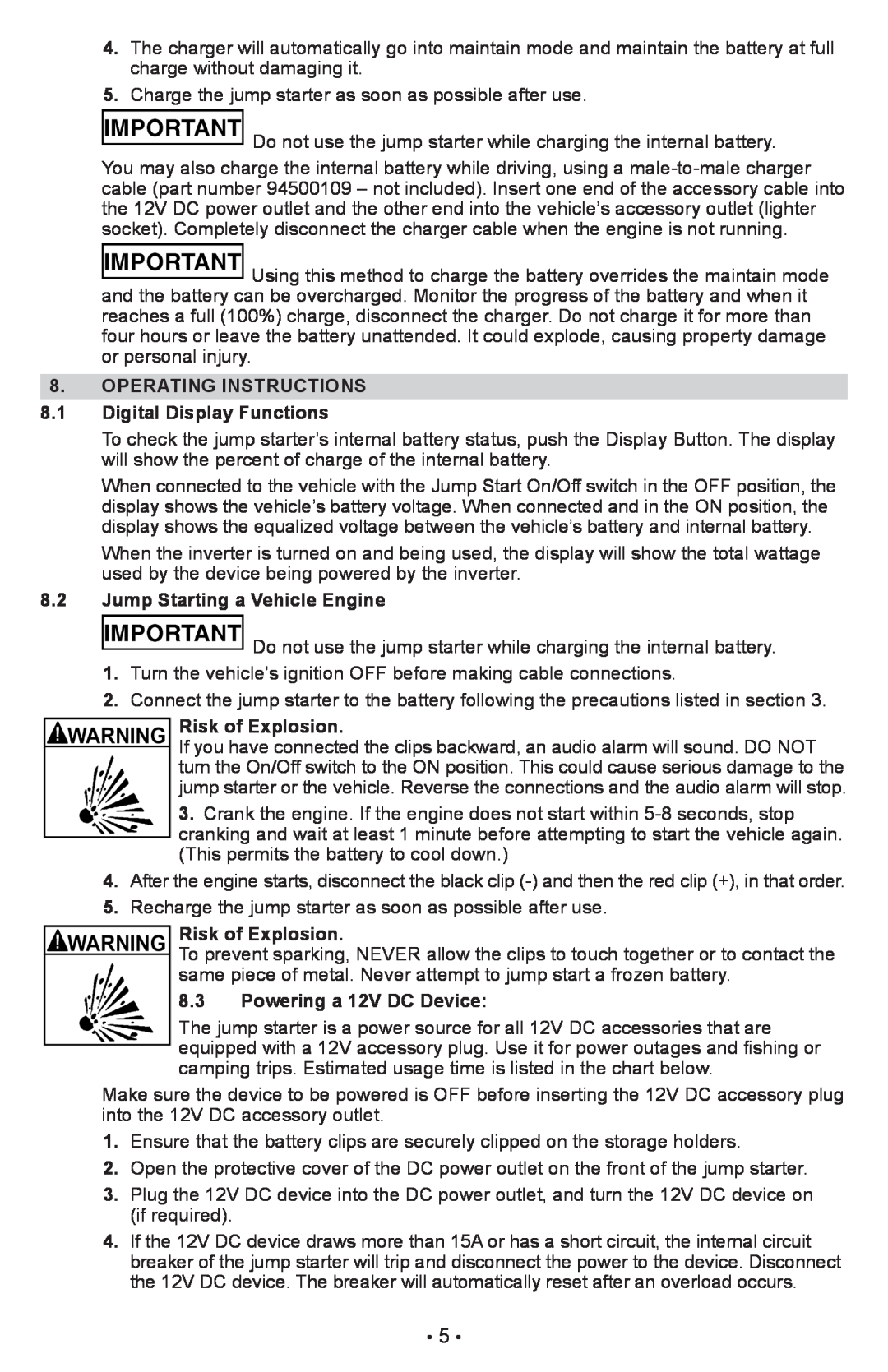 Sears 28.71988 OPERATING INSTRUCTIONS 8.1 Digital Display Functions, Jump Starting a Vehicle Engine, Risk of Explosion 