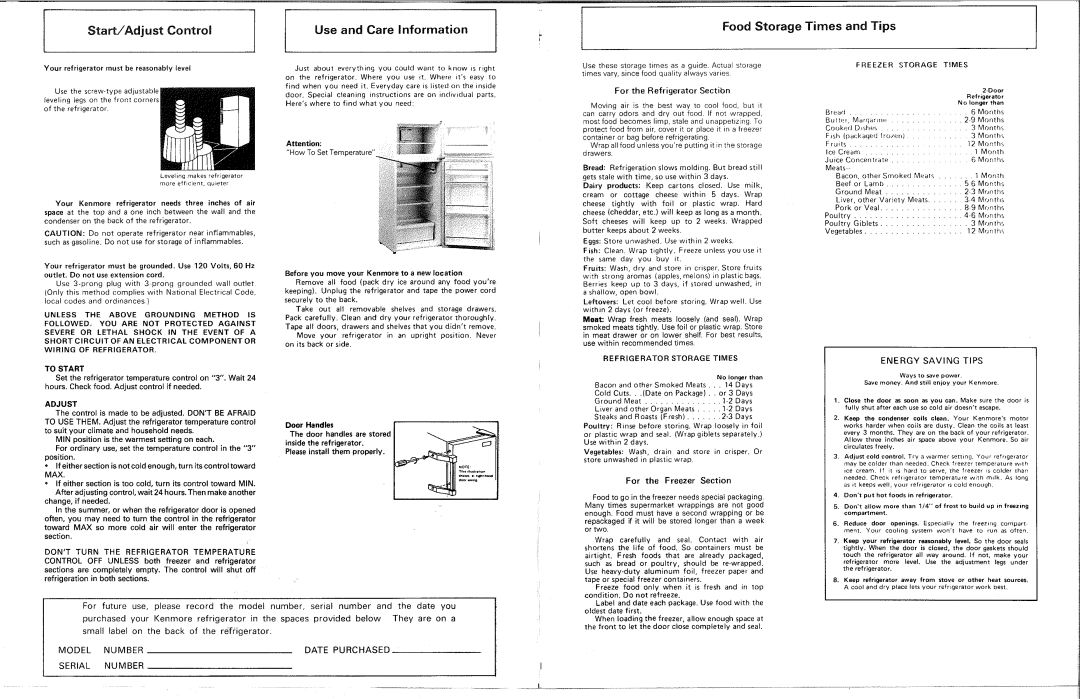 Sears 302124 owner manual Food Storage Times and Tips, Start/Adjust, Control, Use and Care Information 