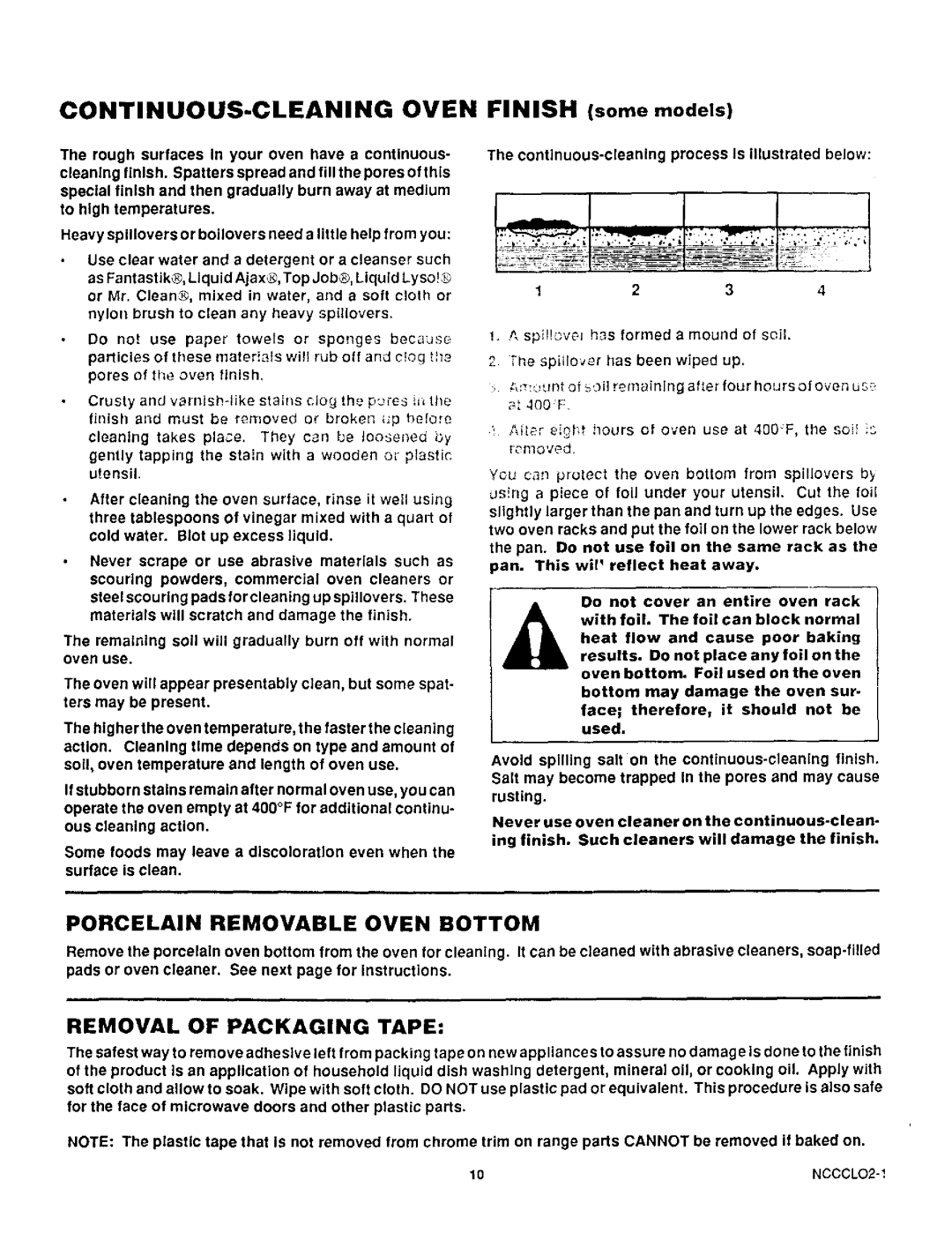 Sears 30229 Porcelain Removable Oven Bottom, Removal of Packaging Tape, Continuous-cleaning process Is illustrated below 