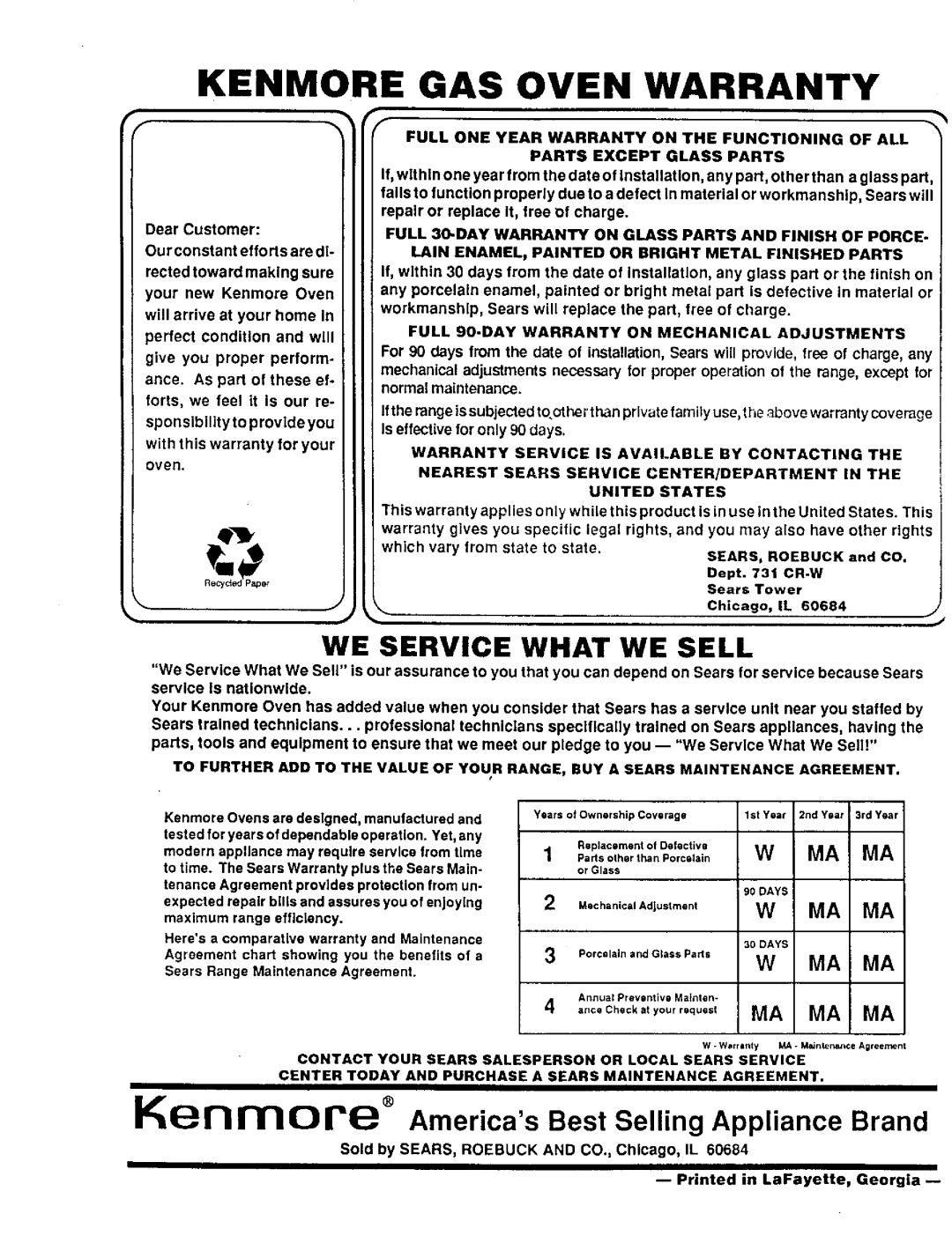 Sears 30129, 30221, 30229 warranty Oven, Full 90-DAY Warranty on Mechanical Adjustments 