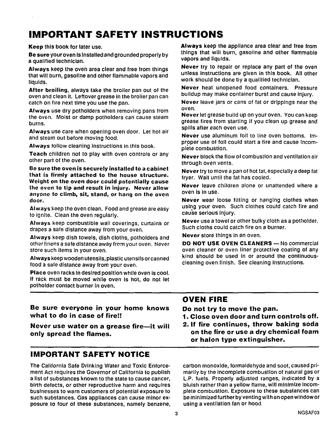 Sears 30129, 30221, 30229 warranty Oven Fire, Important Safety Notice 