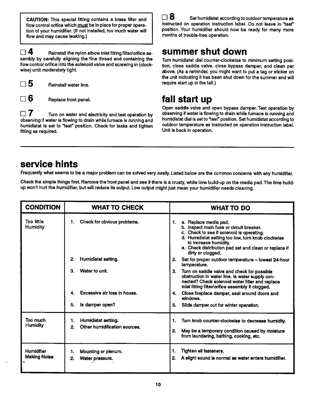 Sears 303.147012 manual Service hints, Fall start up, Condition, What to Check, What to do 