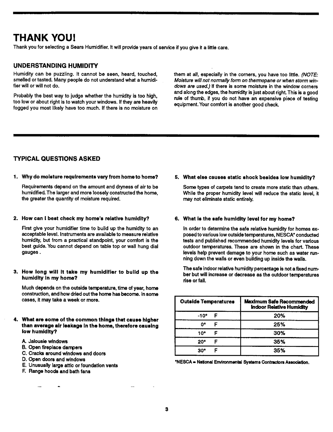 Sears 303.147012 manual Typical Questions Asked, Understanding Humidity 