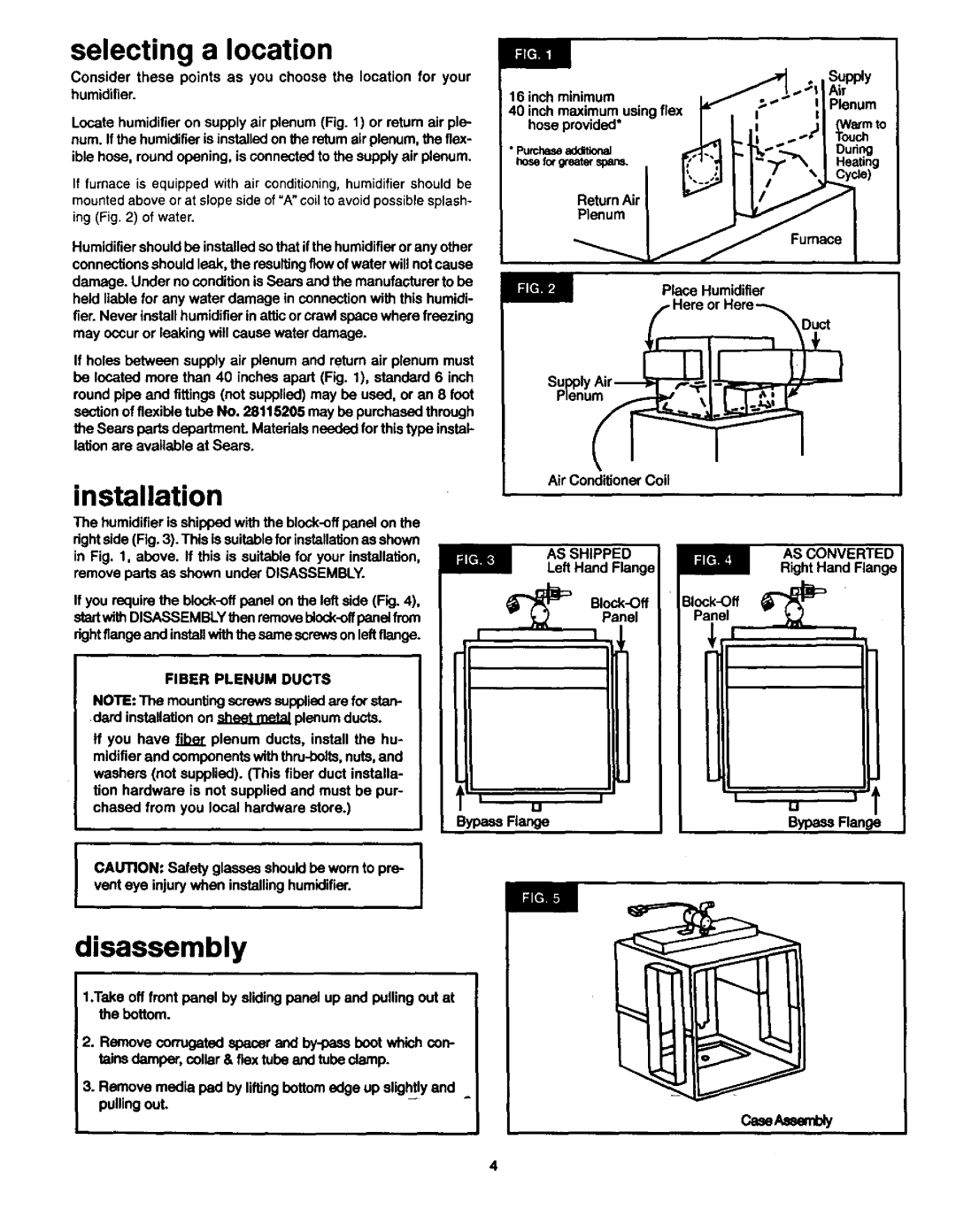 Sears 303.147012 manual Installation, Disassembly, Fiber Plenum Ducts AS Shipped AS CONVI=HTI=U 