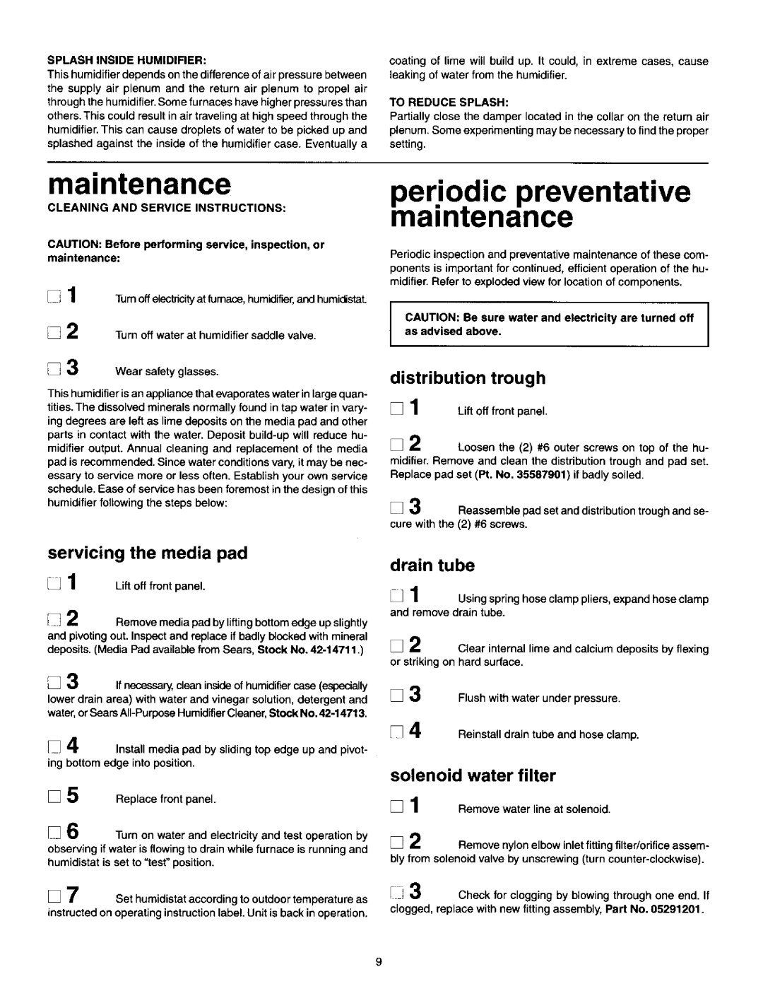 Sears 303.147012 manual Setting, Turn off water at humidifier saddle valve, Be sure water and electricity are turned off 