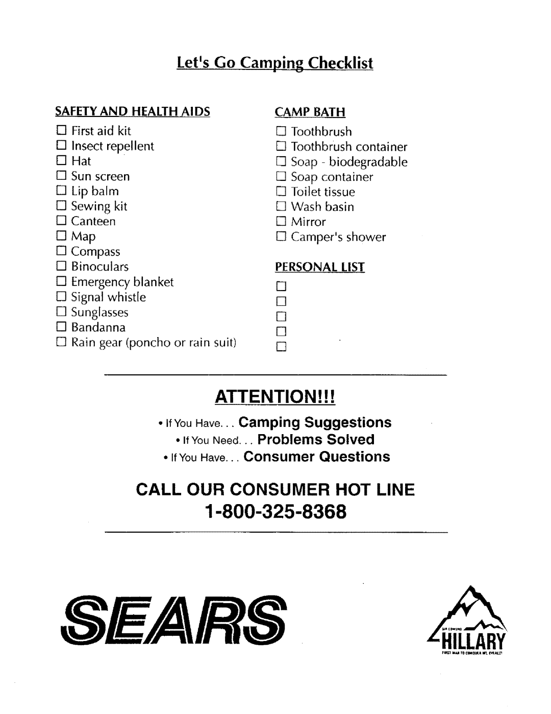 Sears 308.70002 Call Our Consumer Hot Line, LetsGo Camping Checklist, If You Have.., Consumer Questions, Personal List 