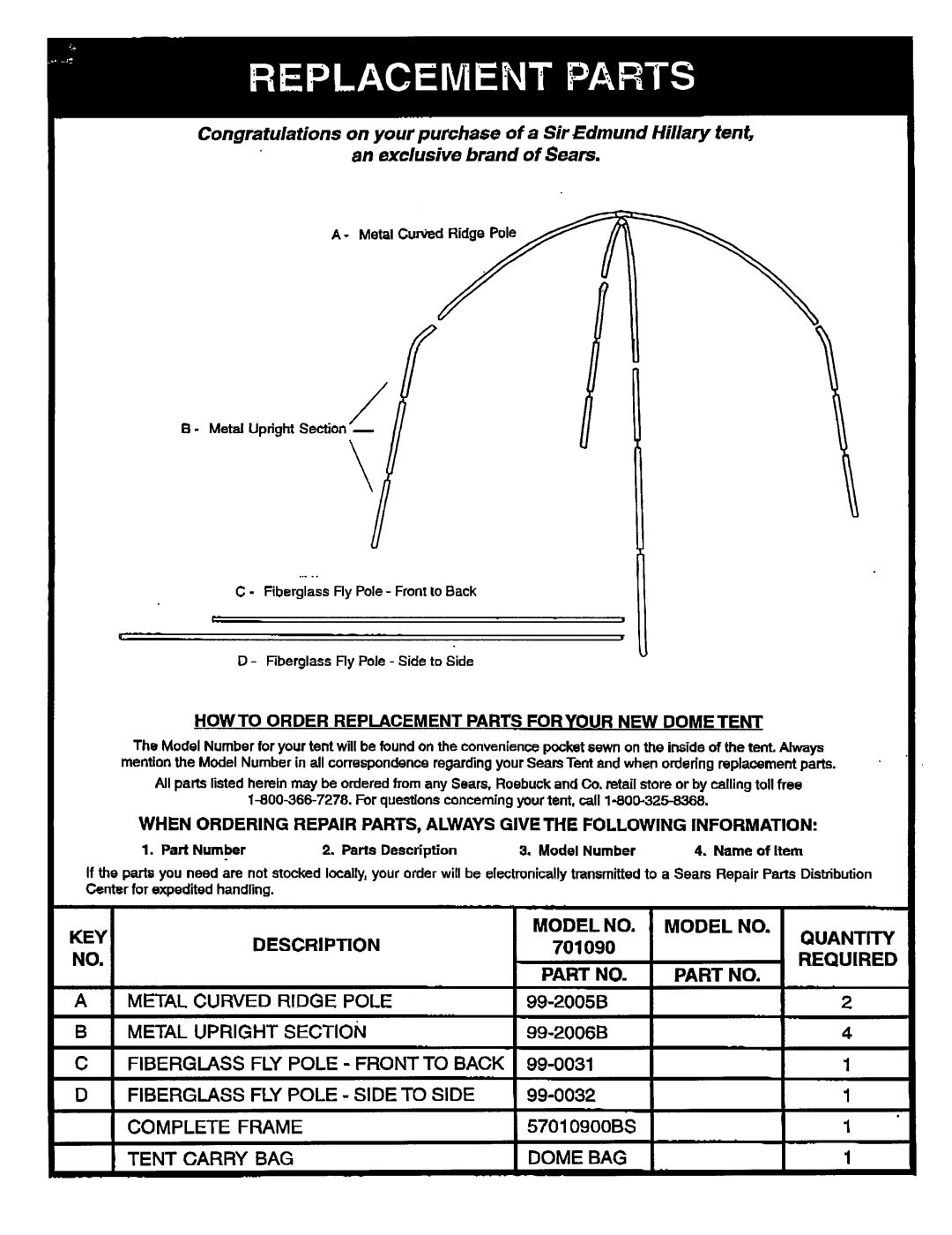 Sears 308.70109 Model Quantity, Required, Part, Metal Upright Section, Fiberglass FLY Pole Front to Back, Complete Frame 