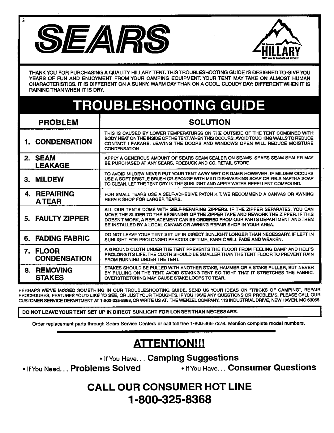 Sears 308.70109 owner manual Fading Fabric Floor Condensation Removing Stakes, LiII 