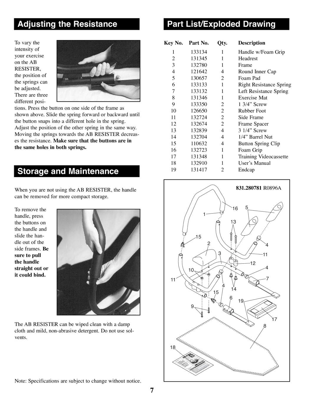 Sears 31.280781 manual Adjusting the Resistance Part List/Exploded Drawing, Storage and Maintenance 