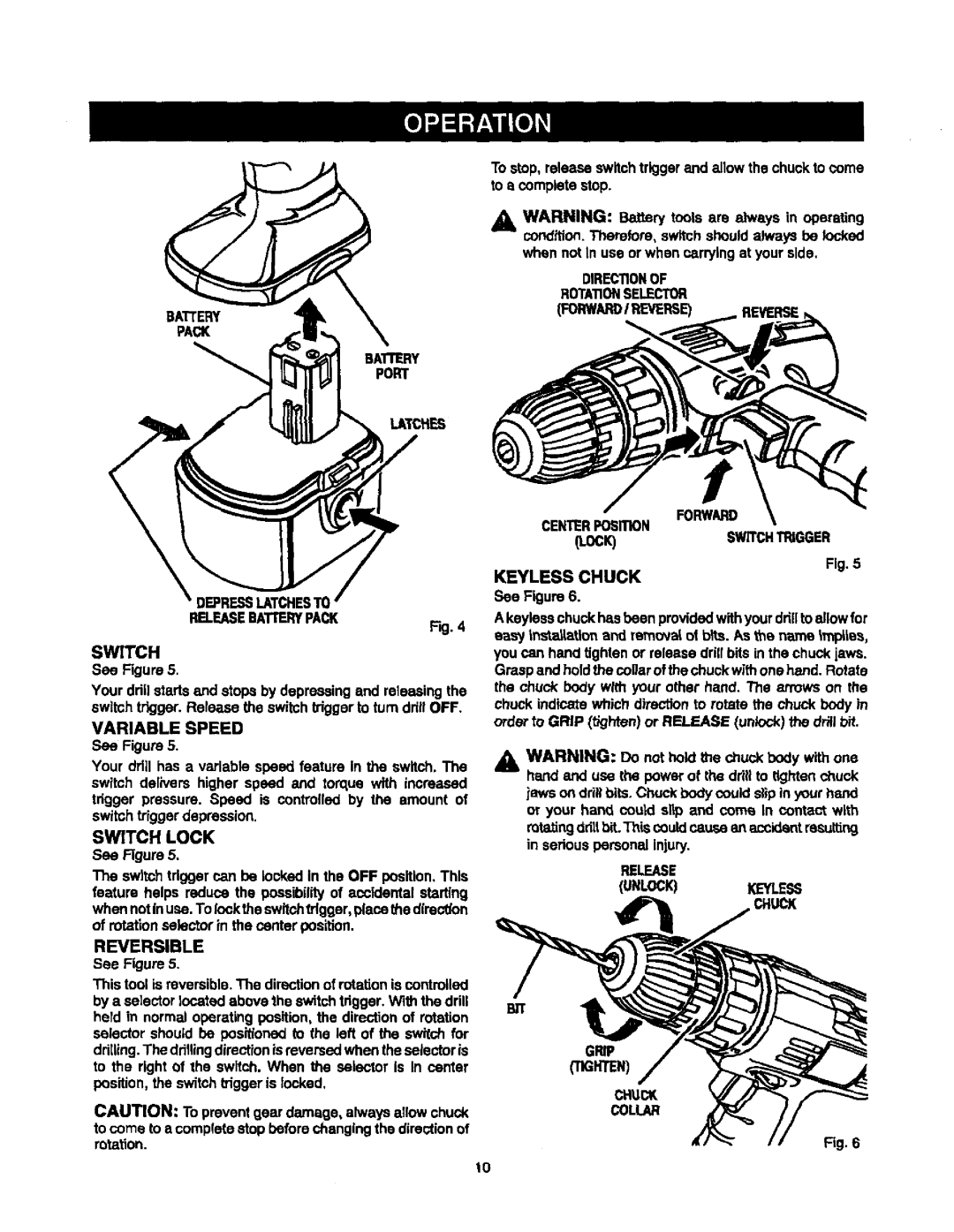 Sears 315.10186 manual Keyless Chuck, Variable Speed, Switch Lock, Reversible 