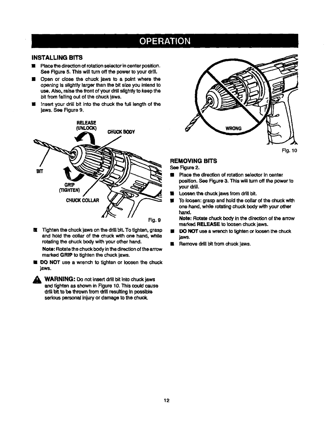 Sears 315.10186 manual Installing Bits, Jews, Release Unlock Grip Tighten Chuckbody Removing Bits, Chuckcollar 