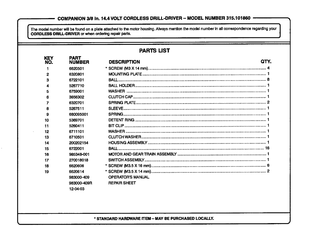 Sears 315.10186 manual Companion 3/8 In .4 Volt Cordless DRILL-DRIVER Model Number, KEY Part NO. Number, Description QTY 