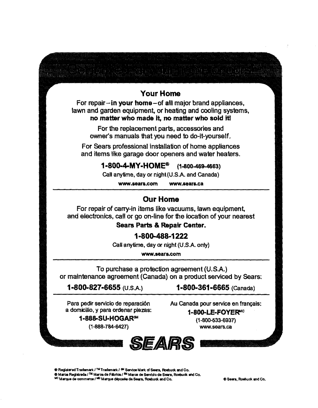 Sears 315.10186 manual Call anyUme, day or night U.S.A. and Canada, Call anytime, day or night U.S.A. only Www,sears.€om 