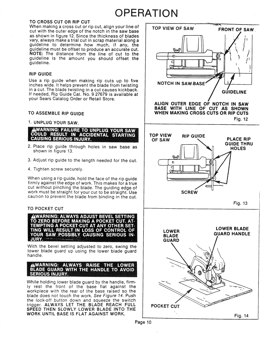 Sears 315.10924 owner manual RIP Guide, TOP View of SAW Front of SAW, To Pocket CUT, Bladeguard Handle Guard 