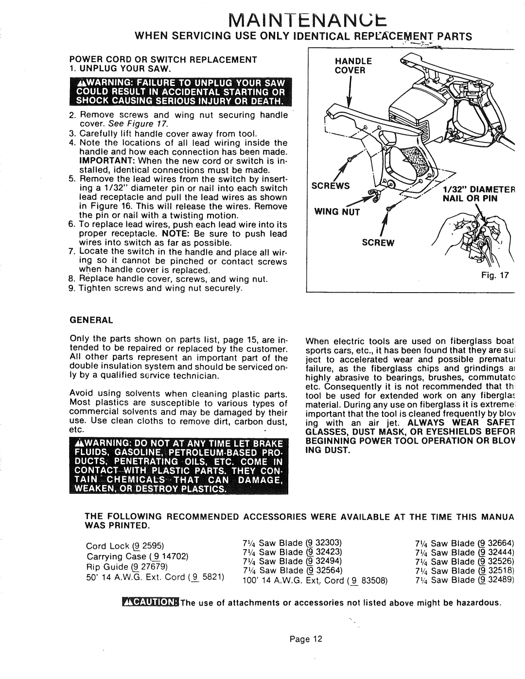 Sears 315.10924 owner manual General, Screws Diameter Nail or PIN Wing NUT 