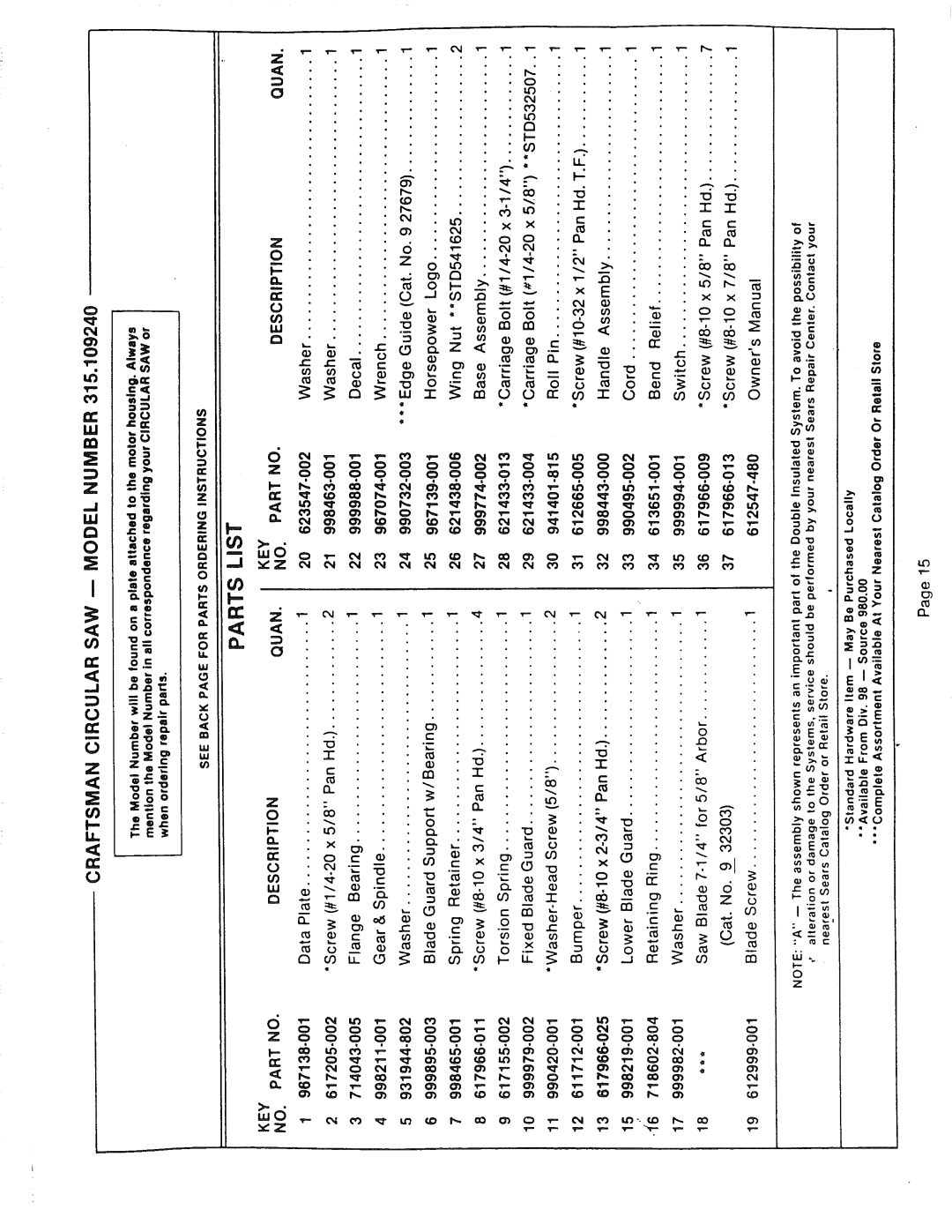 Sears 315.10924 owner manual 