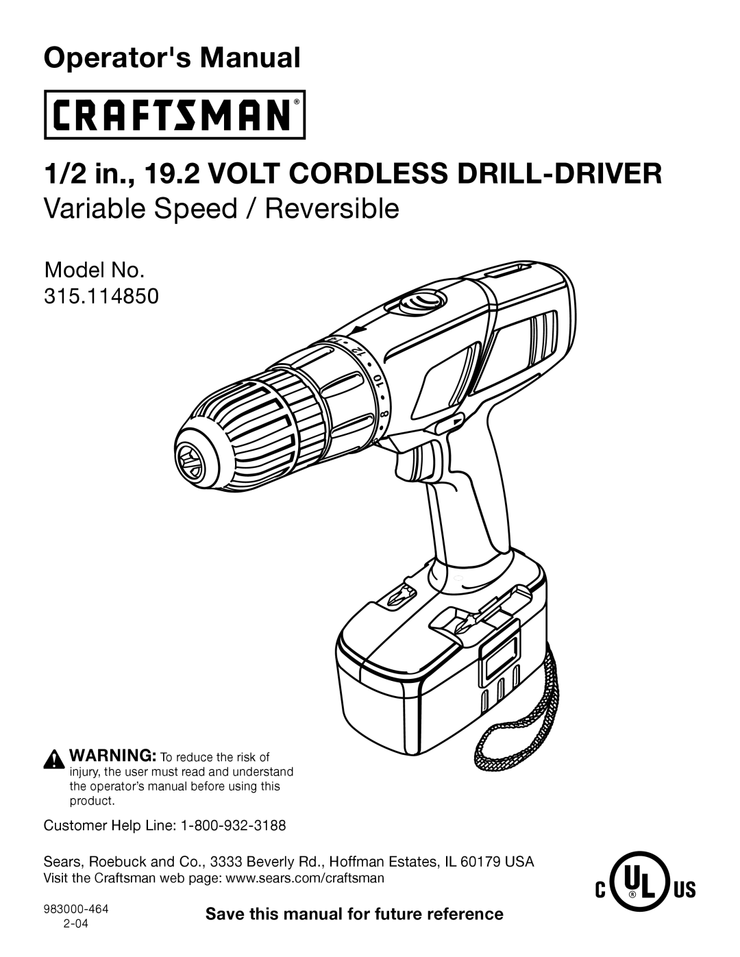 Sears 315.11485 manual Operators Manual 