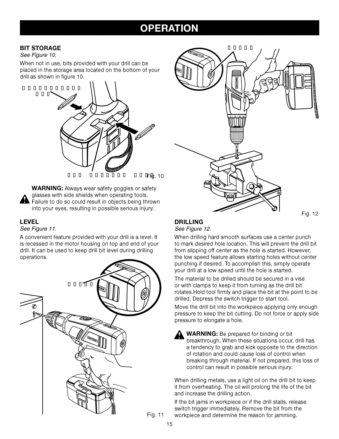 Sears 315.11485 manual Drilling, Screwdriver BIT BIT Storage Area 