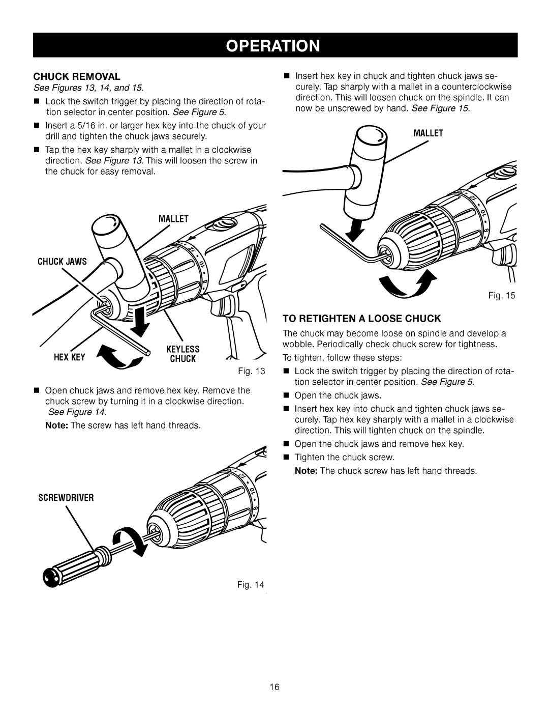 Sears 315.11485 manual Chuck Removal, To Retighten a Loose Chuck, Mallet Chuck Jaws, Mallet HEX KEY 