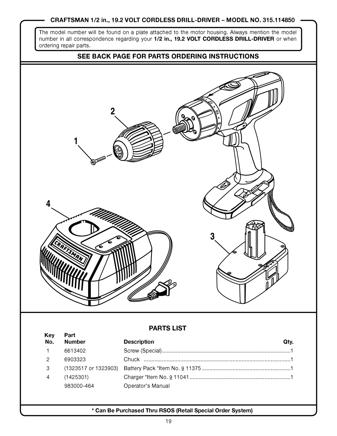 Sears 315.11485 manual See Back page for Parts Ordering Instructions Parts List 