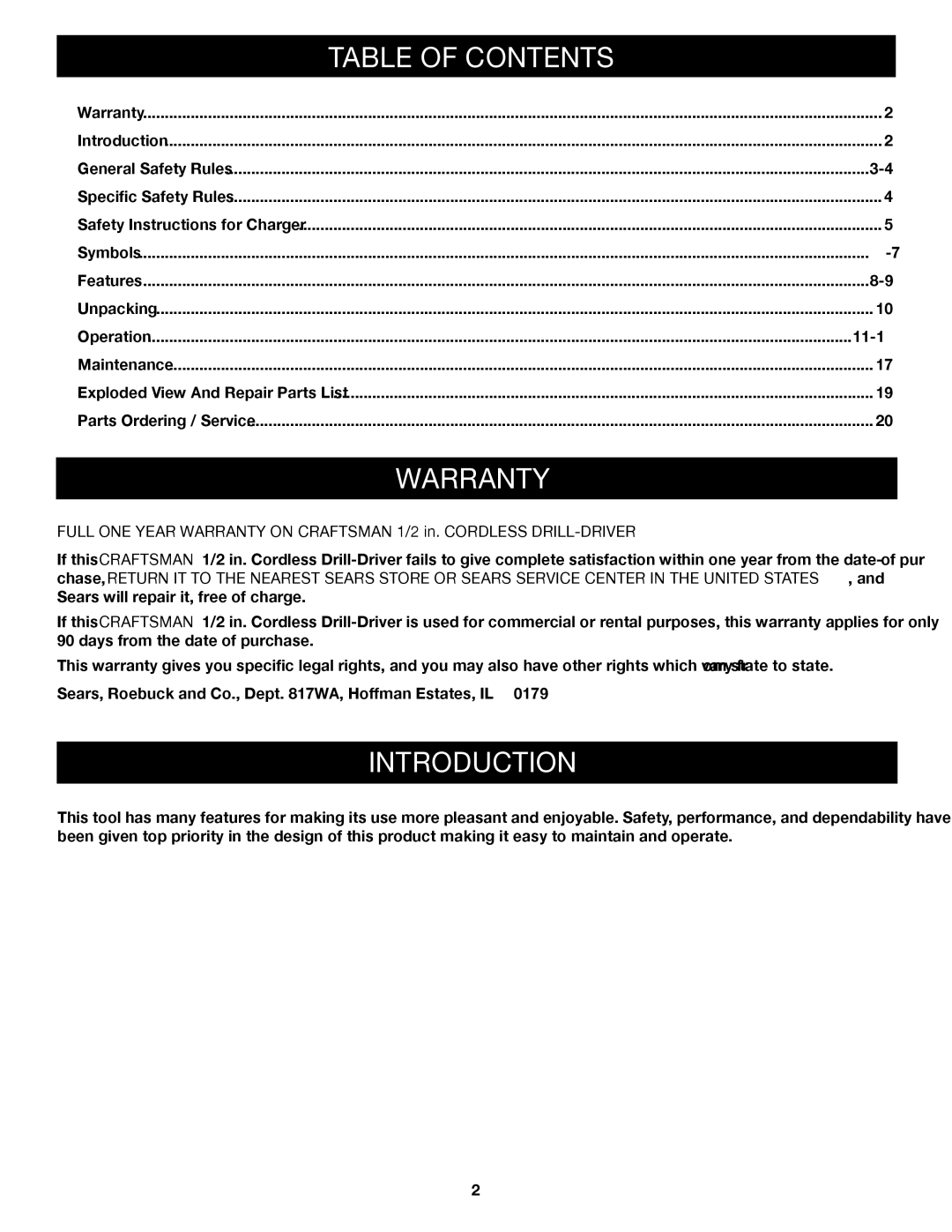 Sears 315.11485 manual Table of Contents, Warranty, Introduction 