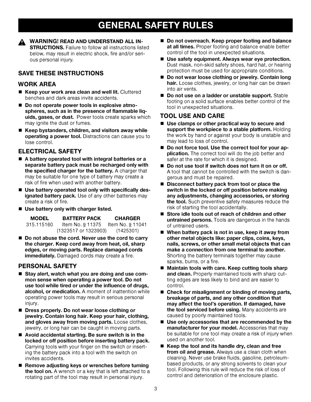 Sears 315.11485 manual Work Area, Electrical Safety, Personal Safety, Tool USE and Care, Model Battery Pack Charger 