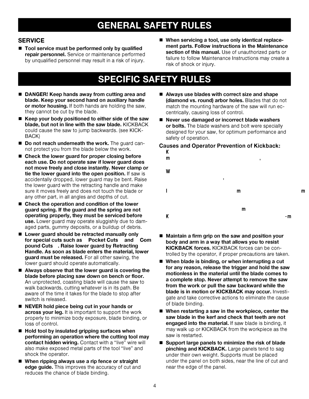 Sears 315.11485 manual Causes and Operator Prevention of Kickback 