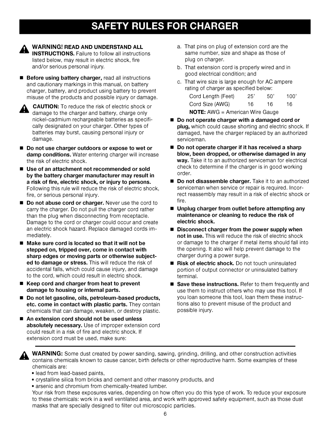 Sears 315.11485 manual Safety Rules for Charger 