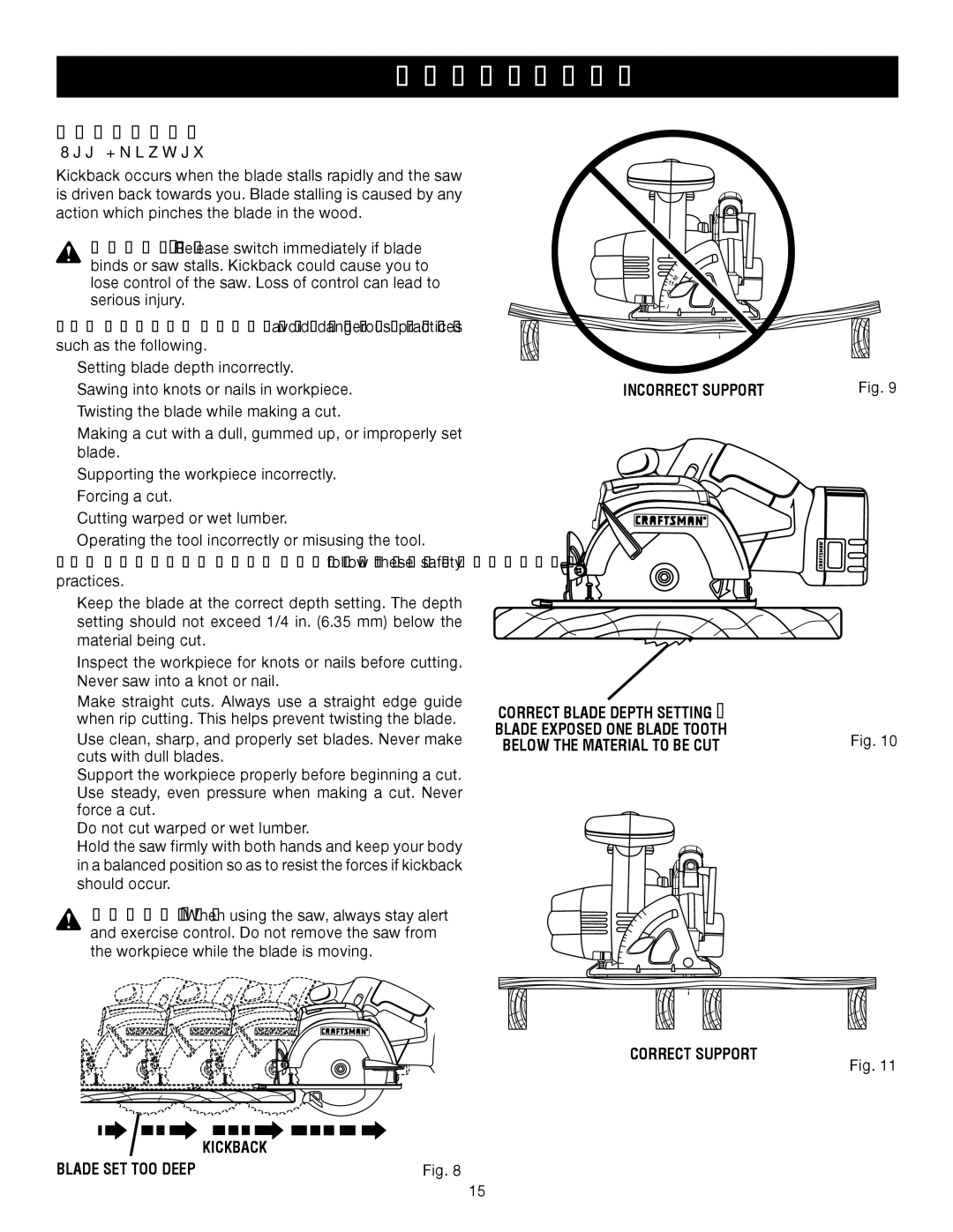 Sears 315.11485 manual Incorrect Support, Correct Support Kickback 