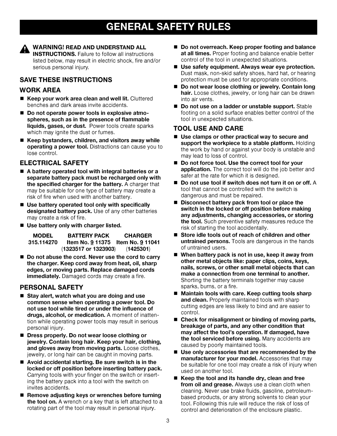 Sears 315.11485 manual General Safety Rules 