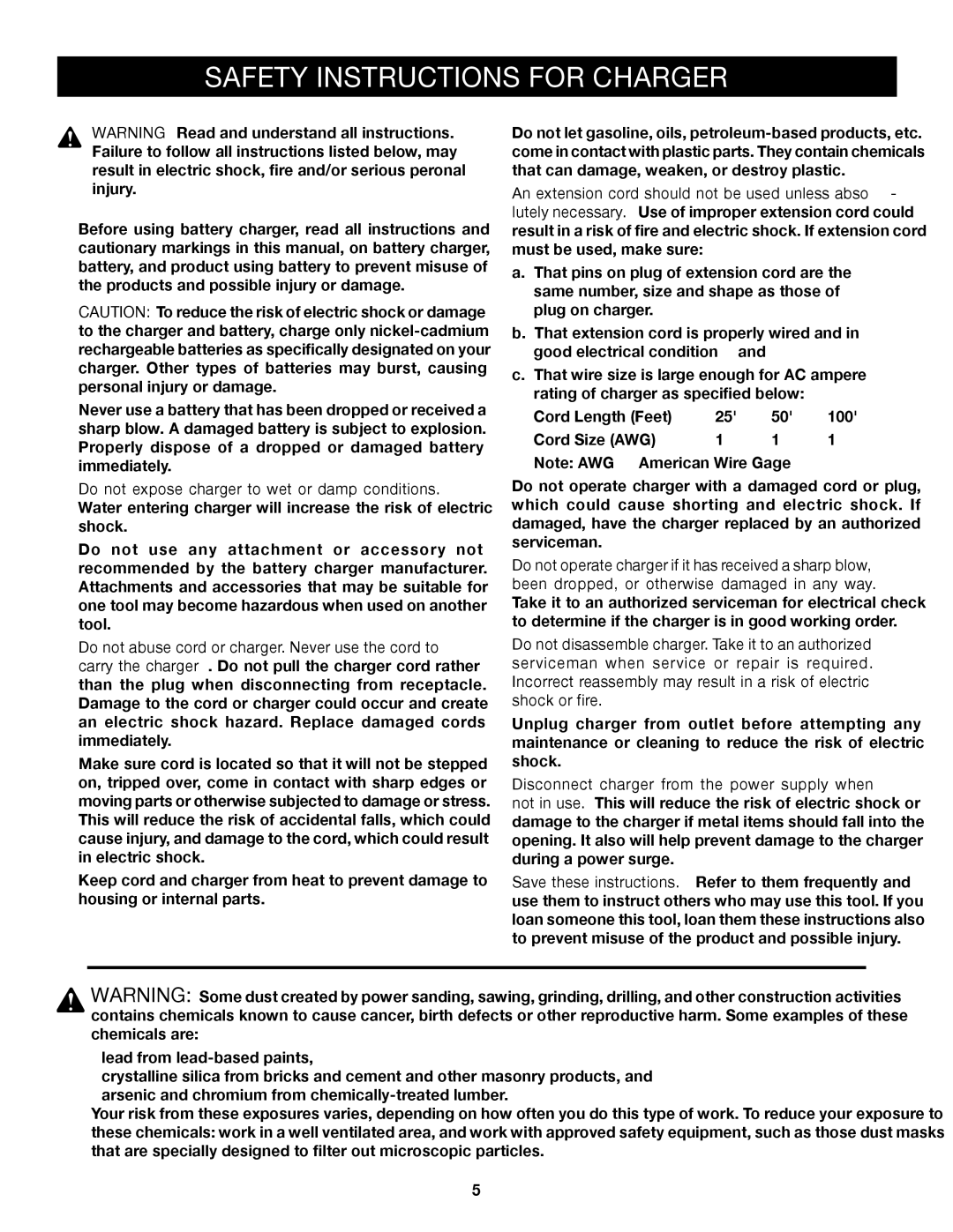 Sears 315.11485 manual Safety Instructions for Charger 