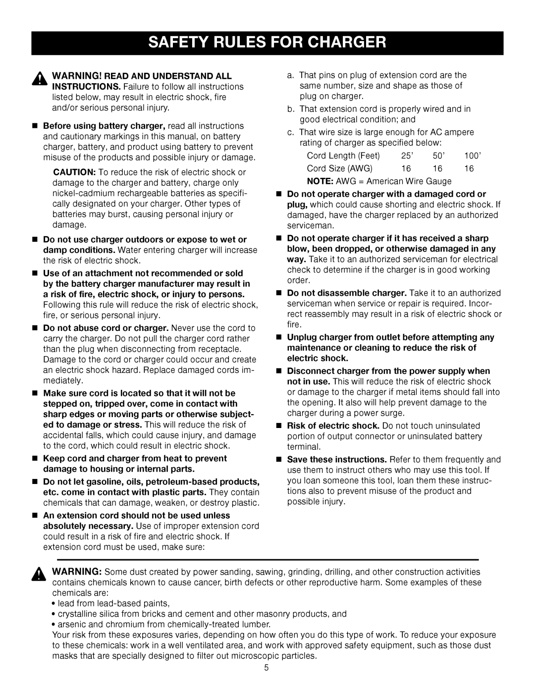 Sears 315.11485 manual Safety Rules for Charger 