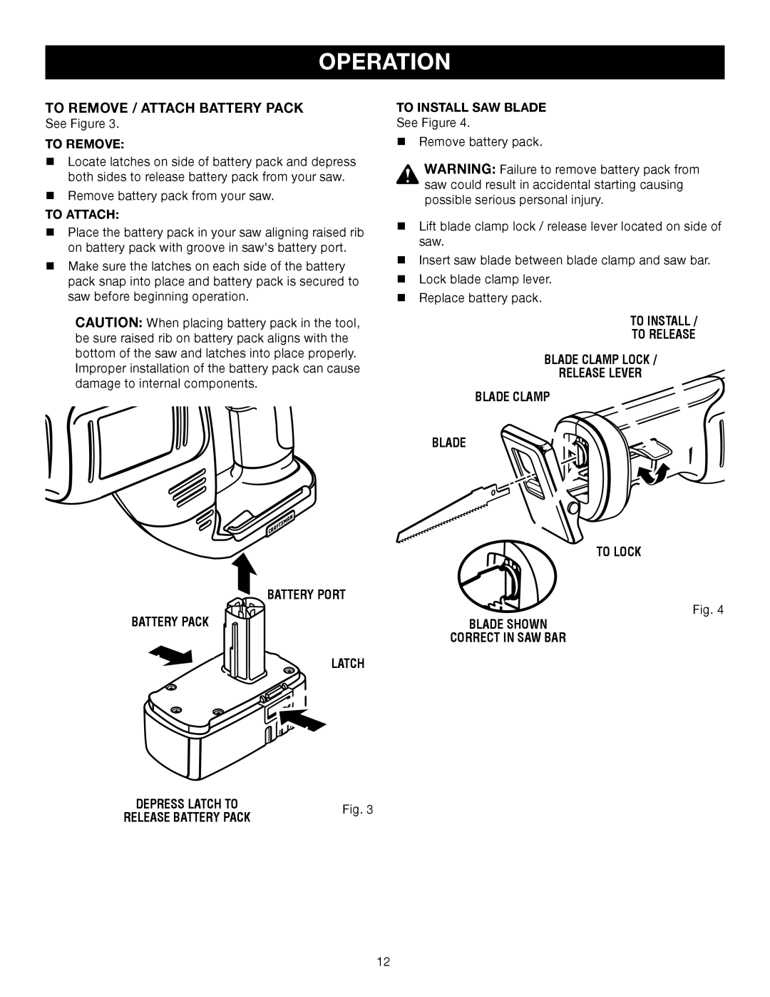 Sears 315.11485 manual To Remove / Attach Battery Pack, To Attach, Battery Port Battery Pack Latch To Install SAW Blade 