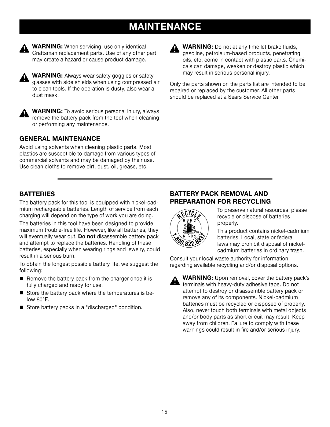 Sears 315.11485 manual Maintenance 