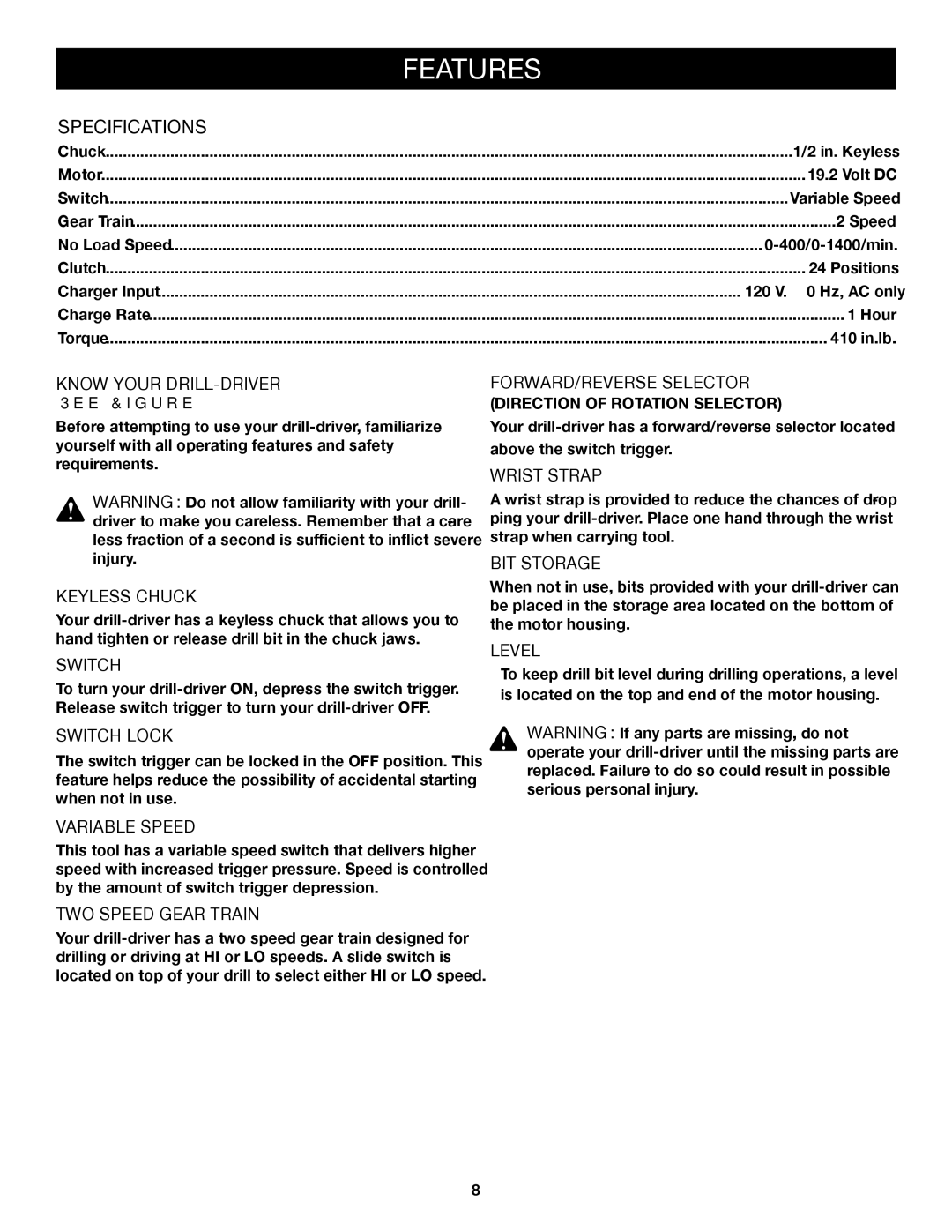 Sears 315.11485 manual Specifications 