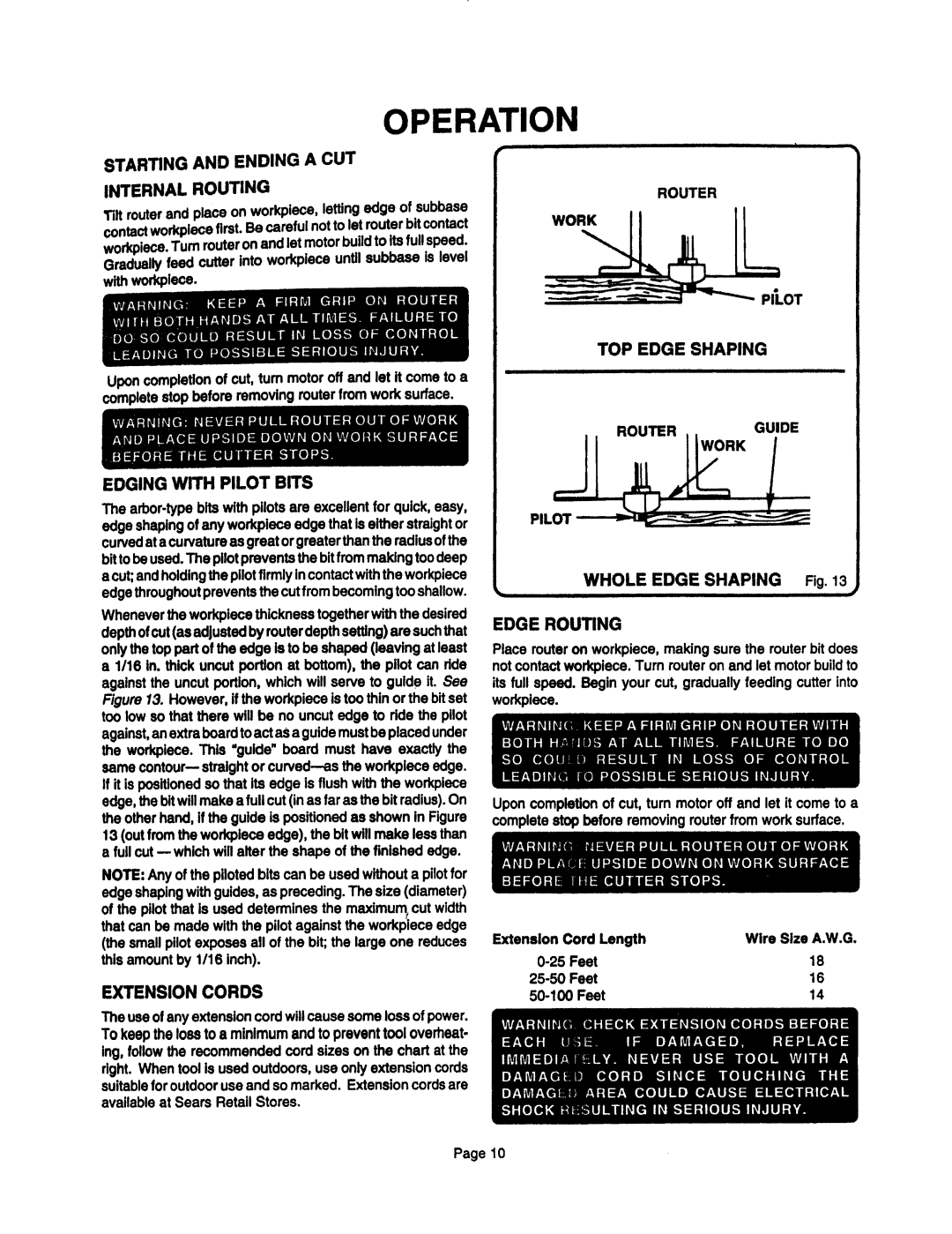 Sears 315.17473 Starting and Ending a CUT Internal Routing, TOP Edgeshaping, Edging with Pilot Bits, Extension Cords 