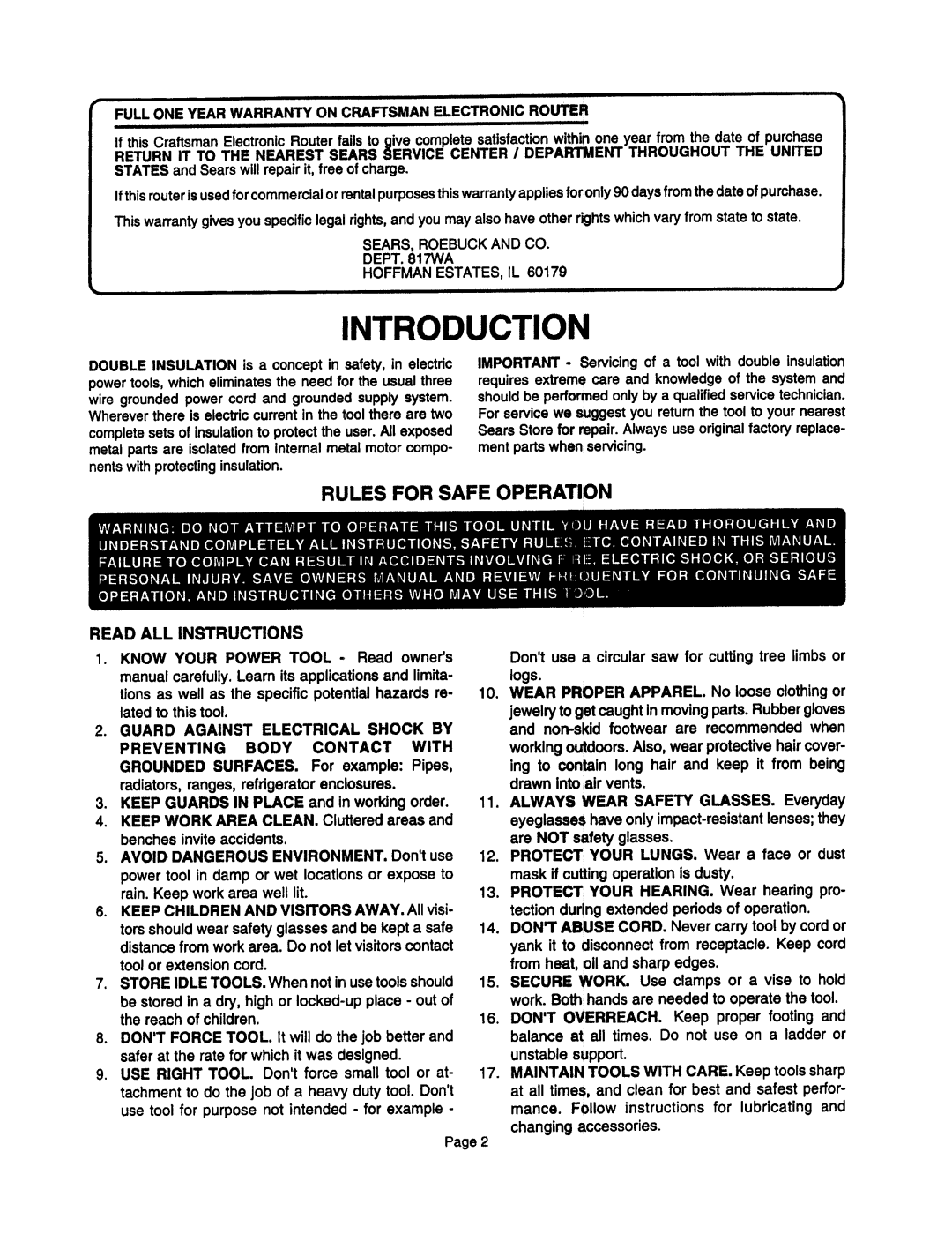 Sears 315.17473 owner manual Introduction, Full ONE Year Warranty on Craftsman Electronic Router 