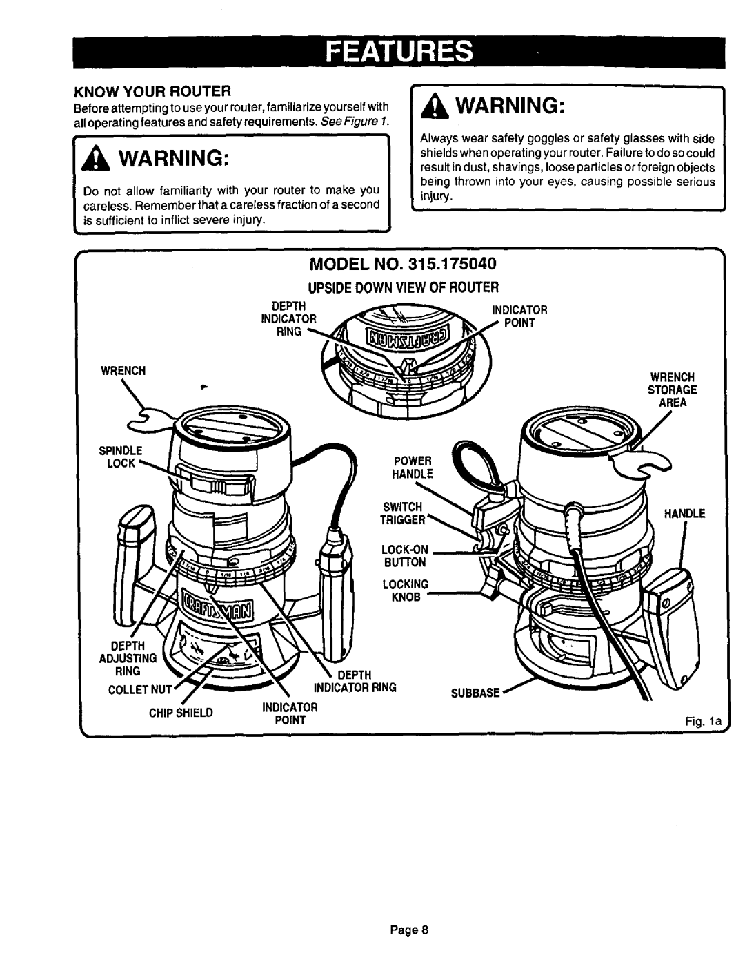 Sears 315.17506 Upside Down View of Router, Know Your Router, Wrench Spindle Depth Adjusng, Depth Indicator Point 