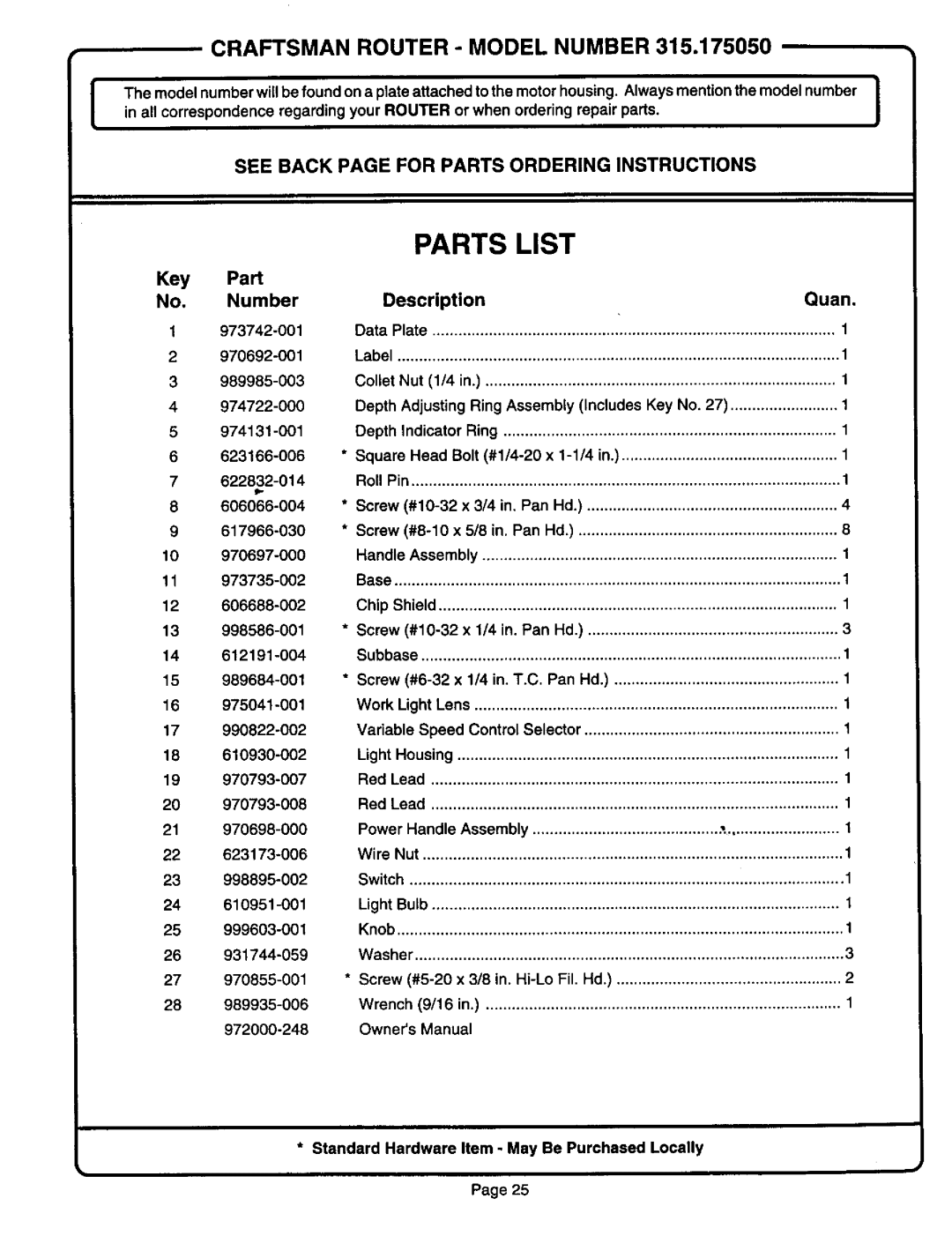 Sears 315.17505, 315.17504, 315.17506 owner manual Parts List, Craftsman Router - Model Number 