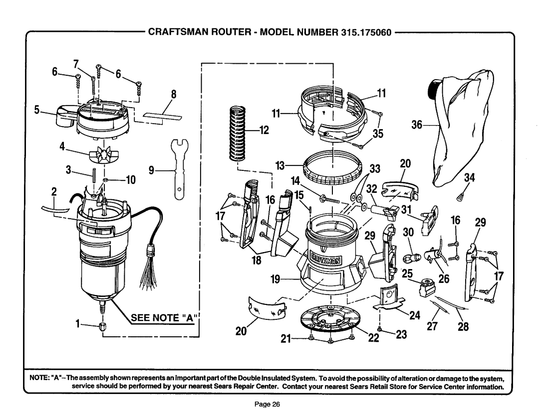 Sears 315.17506, 315.17504, 315.17505 owner manual Craftsman Router - Model Number, SEE NOTE Aj 