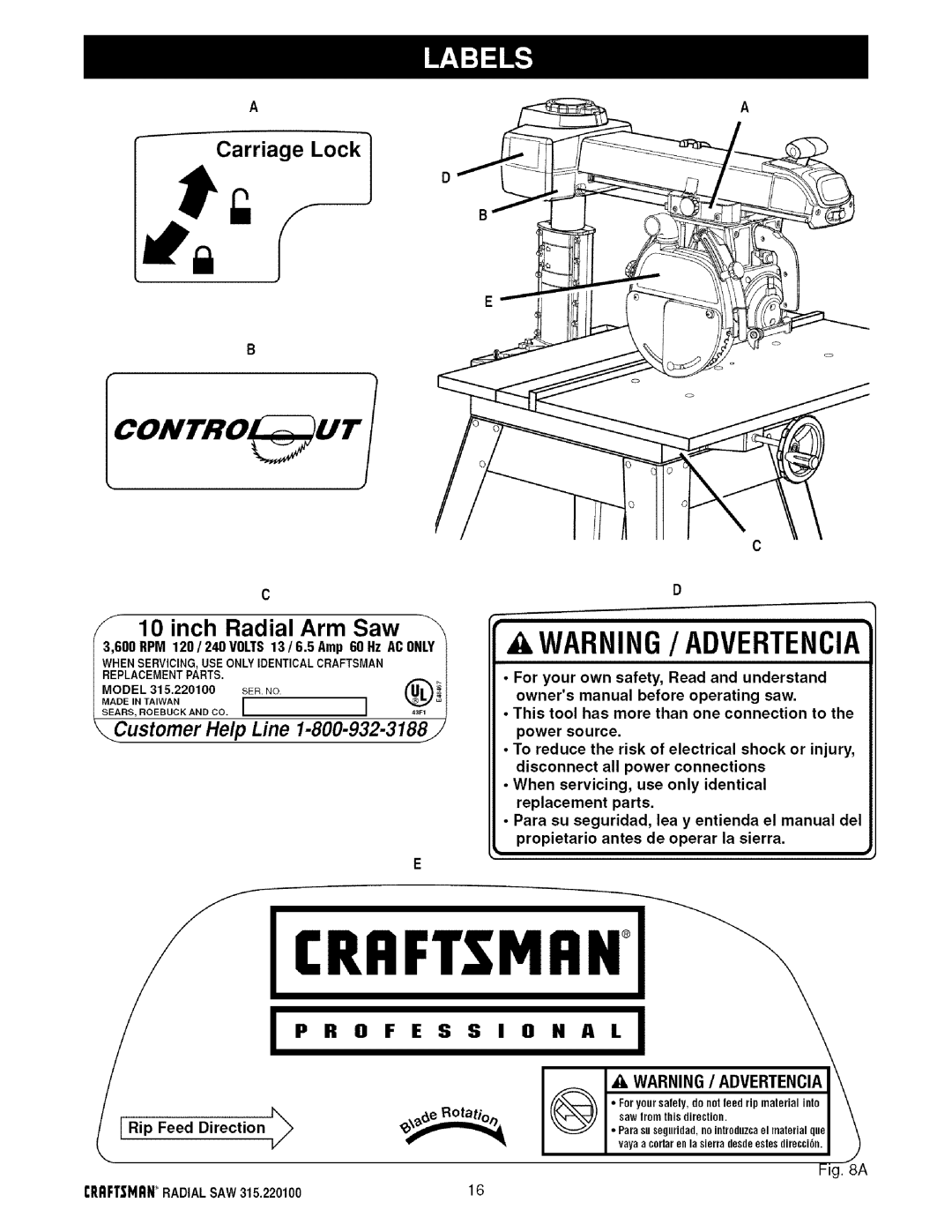 Sears operating instructions Madeintaiwan, CRRFTSHRWRADIALSAW315.22010016 