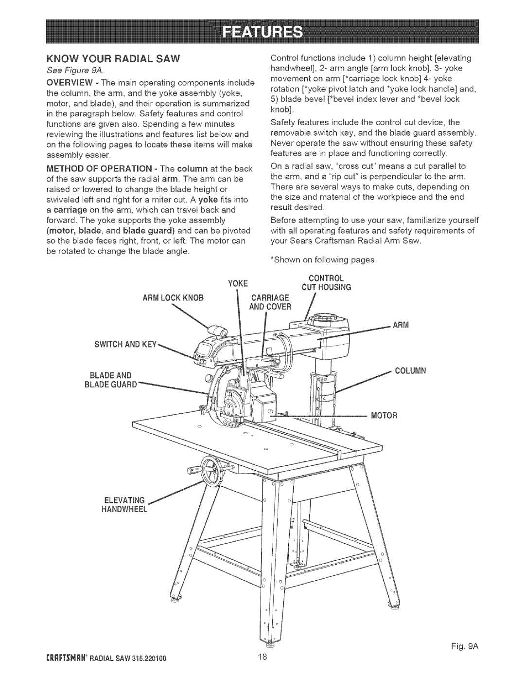 Sears 315.220100 operating instructions Know Your Radial SAW, See a, Method of Operation, Yoke, Control 