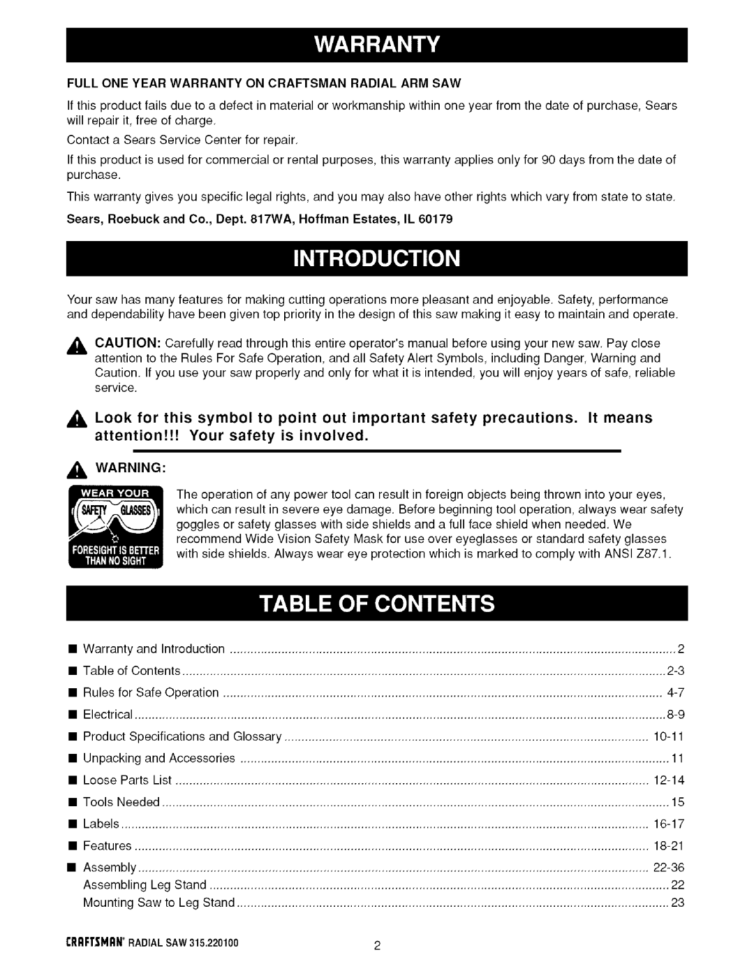 Sears 315.220100 operating instructions Full ONE Year Warranty on Craftsman Radial ARM SAW 