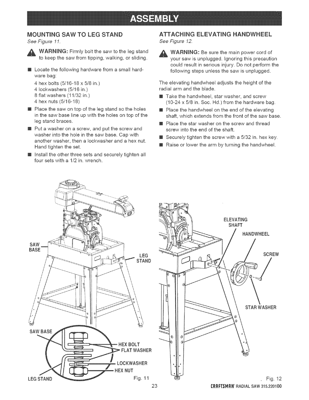 Sears 315.220100 operating instructions Mounting SAW to LEG Stand, Attachung Elevating Handwheel, See Figure 