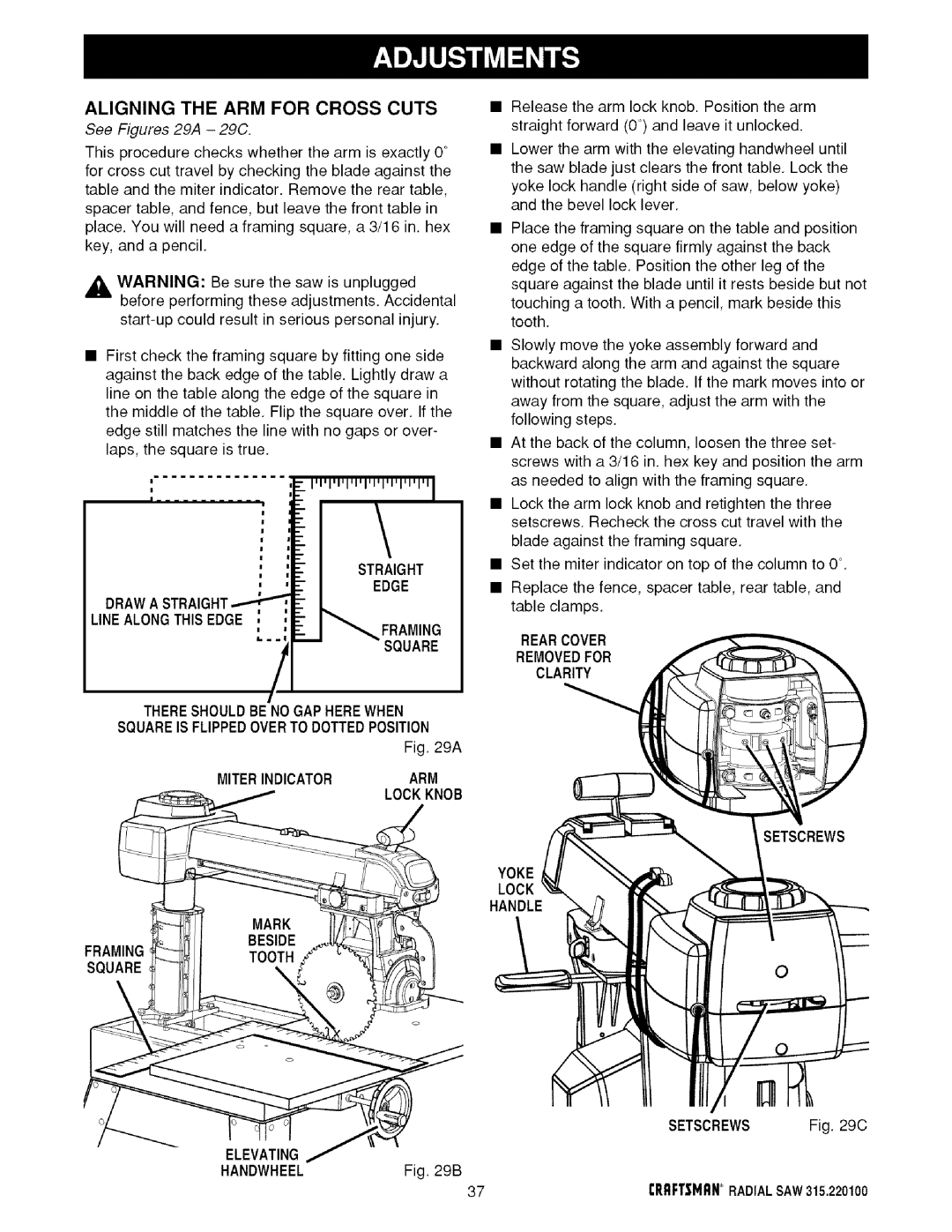 Sears 315.220100 Aligning the ARM for Cross Cuts, Linealongthisedge Framing, Lockknob, Yoke Lock Handle Framing, Handwheel 