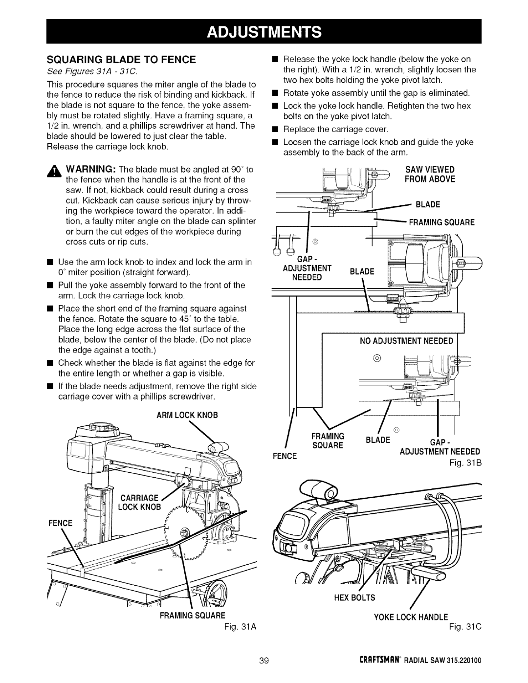 Sears 315.220100 Squaring Blade to Fence, See Figures 31A 31C, ARM Lockknob, SAW Viewed From Above Needed Blade 