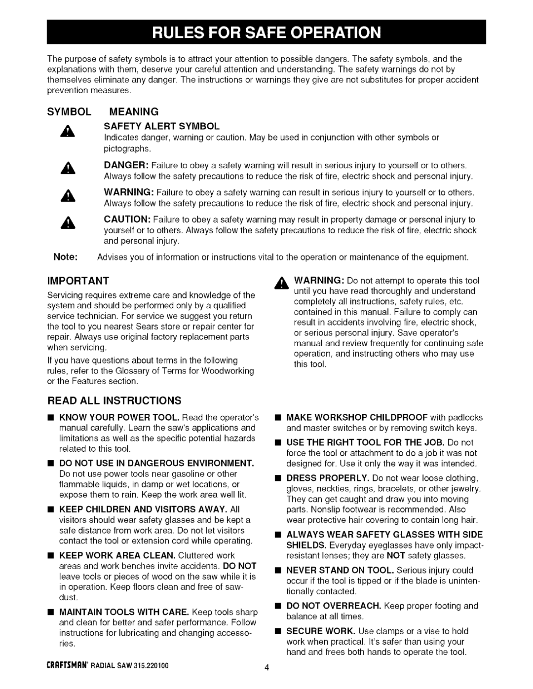 Sears 315.220100 Read ALL Instructions, Meaning, Safety Alert Symbol, Do not USE in Dangerous Environment 